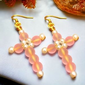 Frosted Pink Cross Earrings